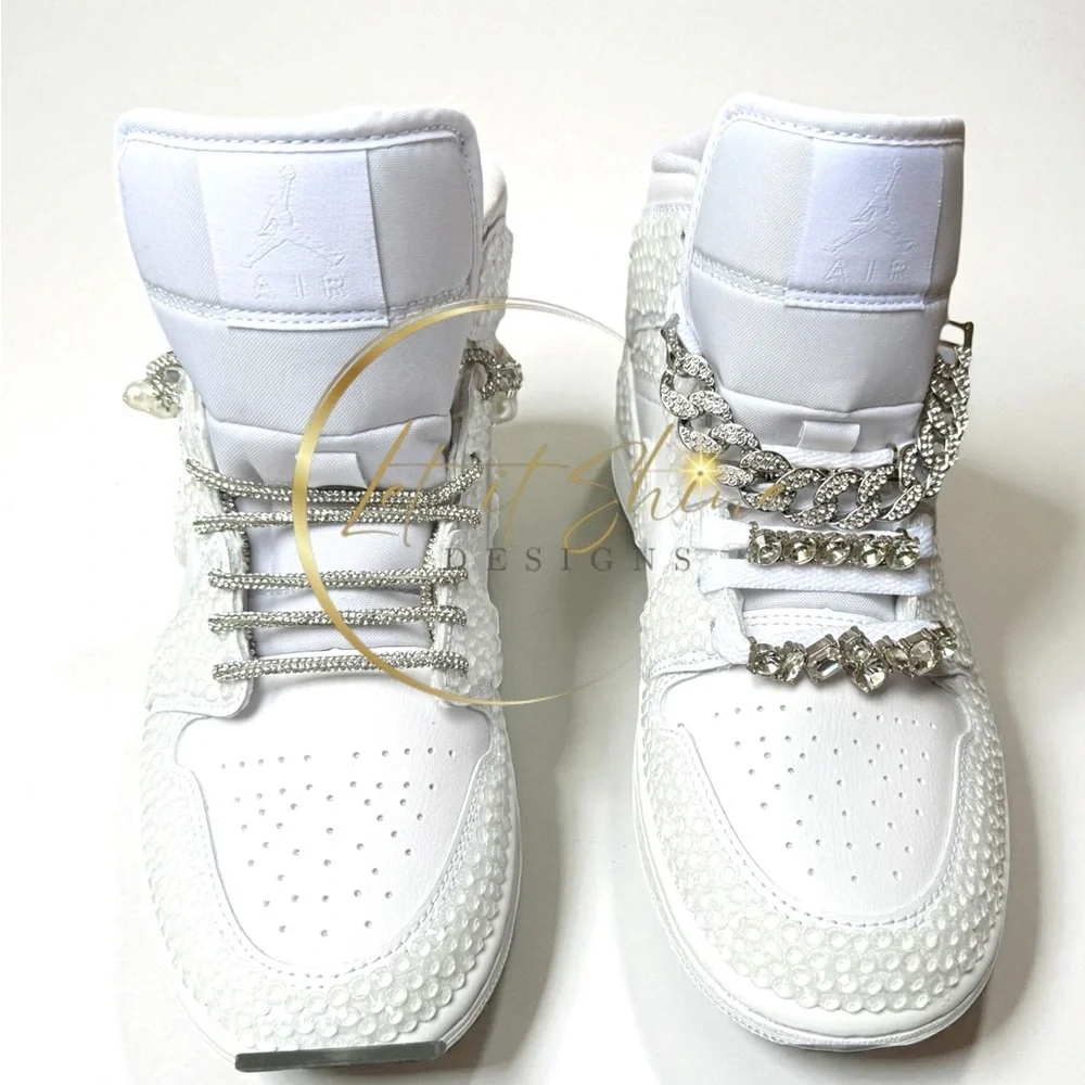White Bling Wedding Jordan 1 Mid Custom Rhinestone Sneakers - Picture 6 of 12